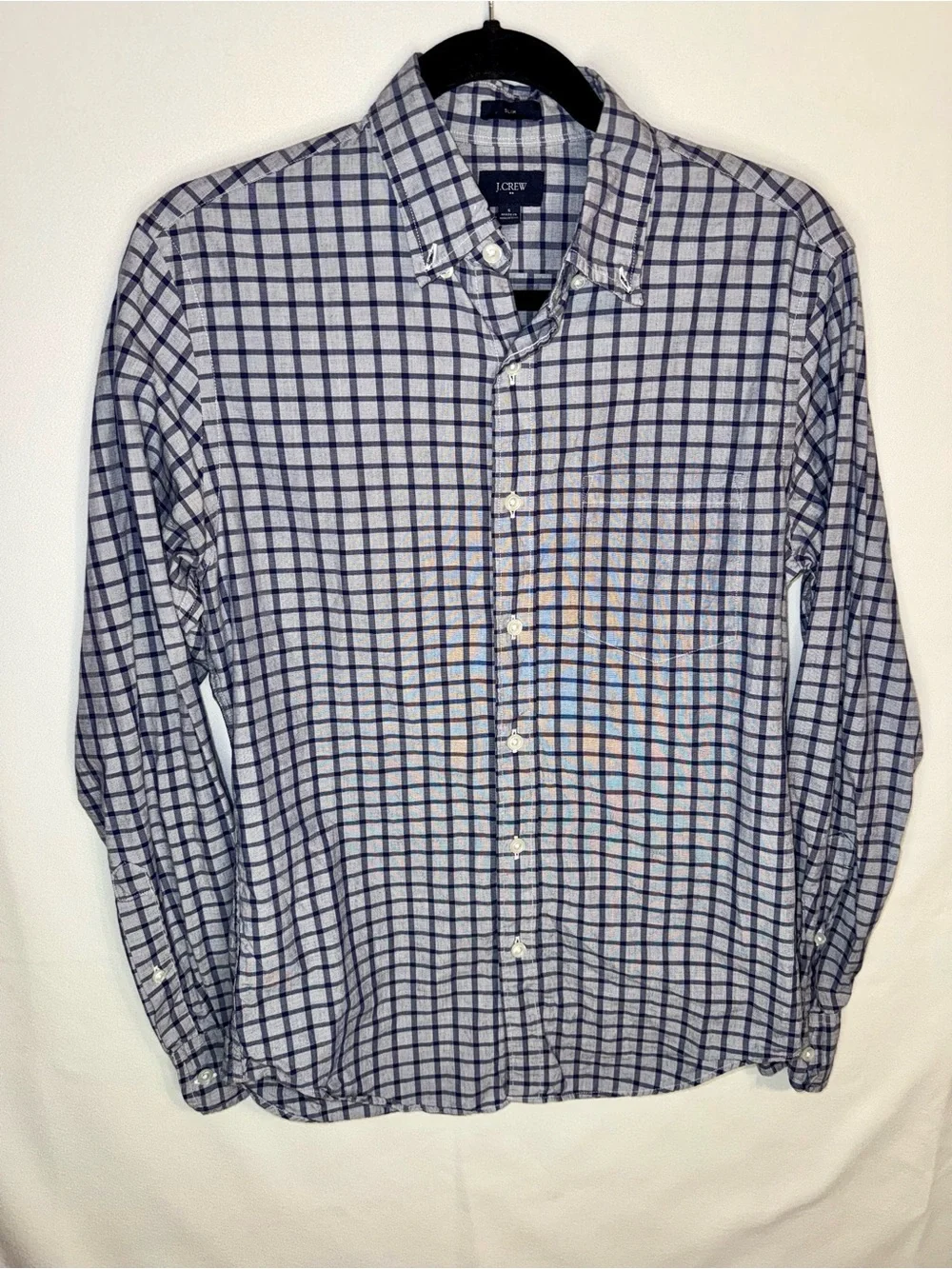 J. Crew Men’s Navy and Blue Checked LS Button-Down Shirt Size Small Cotton